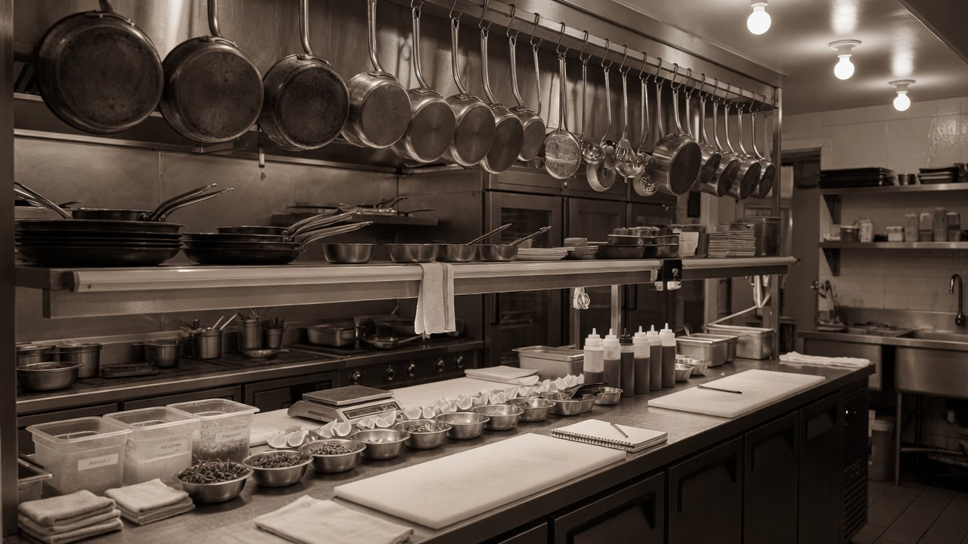 Restaurant kitchen organized for service