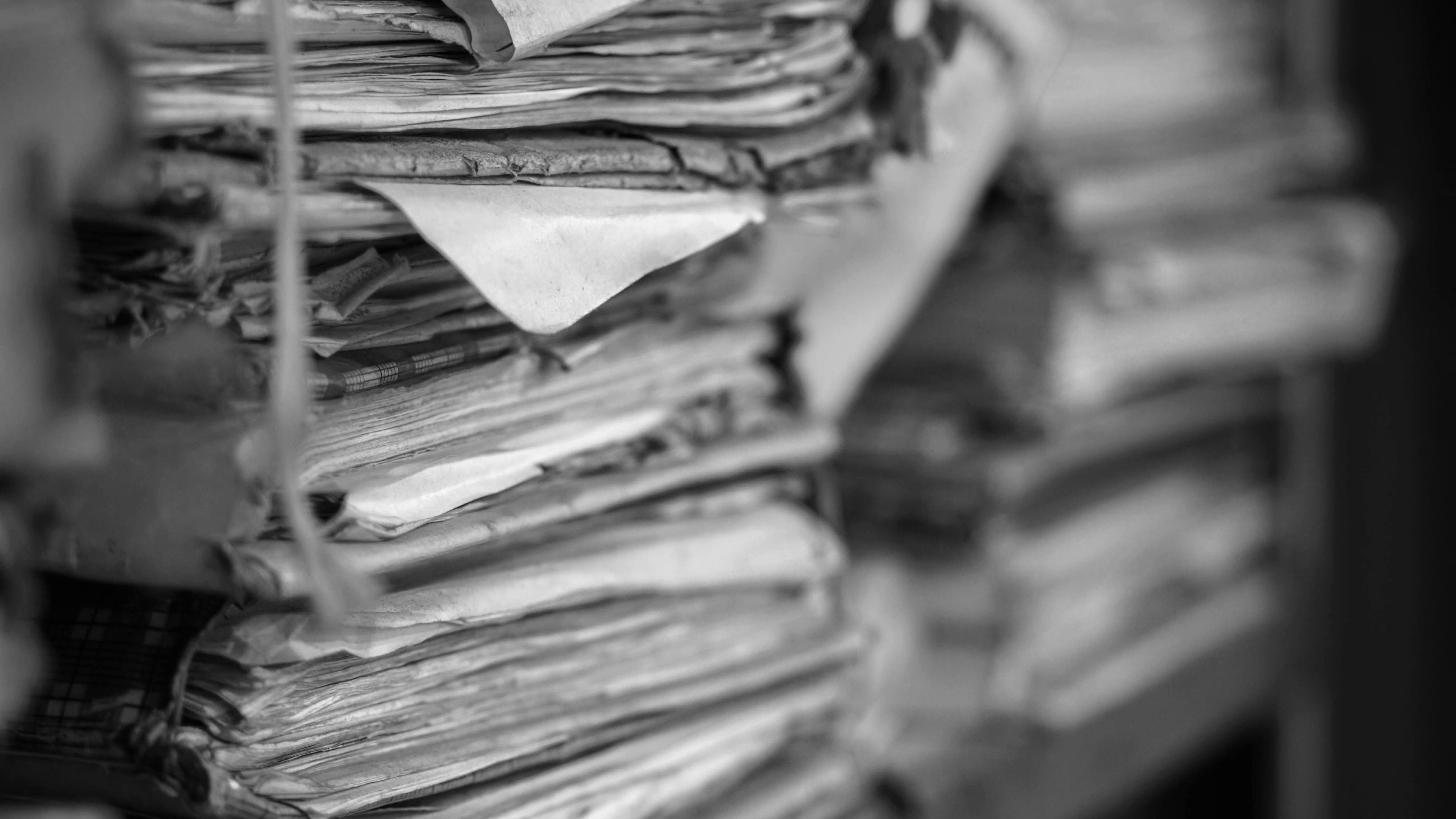 Monochrome rows of physical case files preserved in an archive