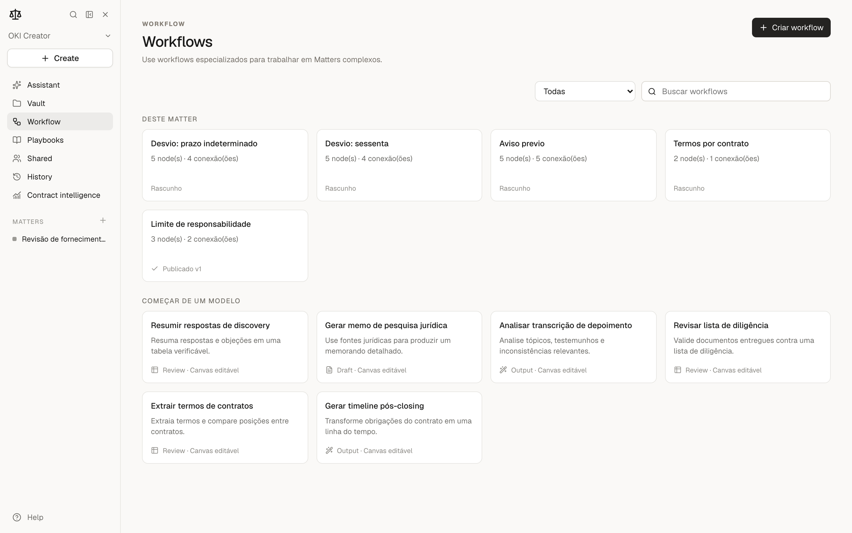 OKI Legal workflow surface showing a structured legal process