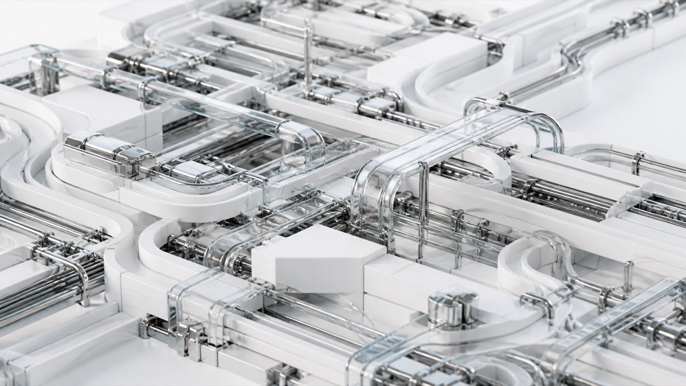 Interlocking white ceramic channels, chrome conduits, and optical glass bridges